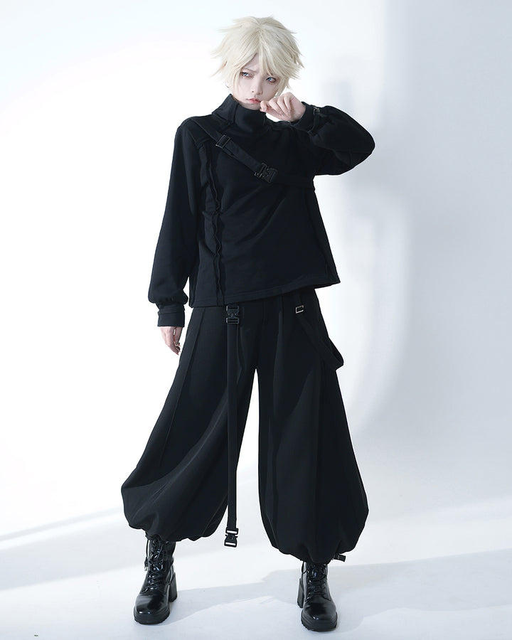 Edgy Black Wide-Leg Cropped Pants with Strap Accents