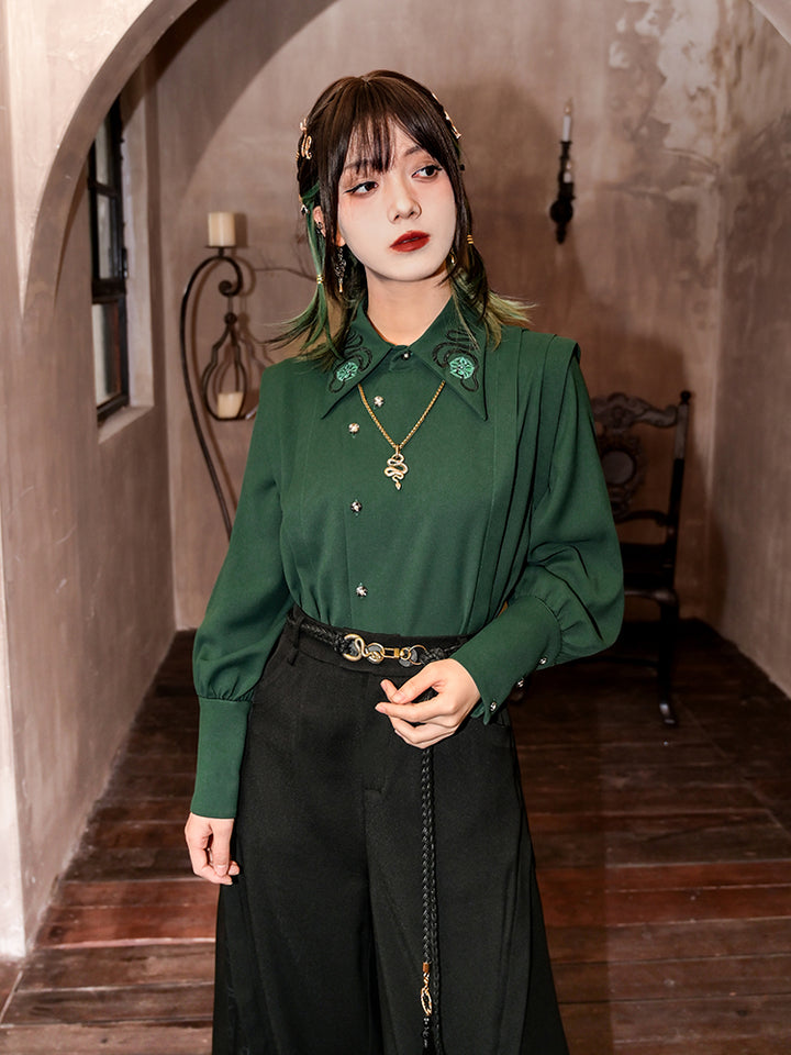 Dark green Chinese-inspired embroidered shirt with asymmetrical pointed collar