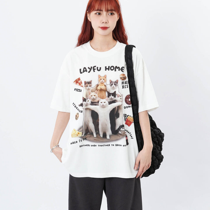 Cute Cartoon Cats Oversized Short Sleeve T-shirts