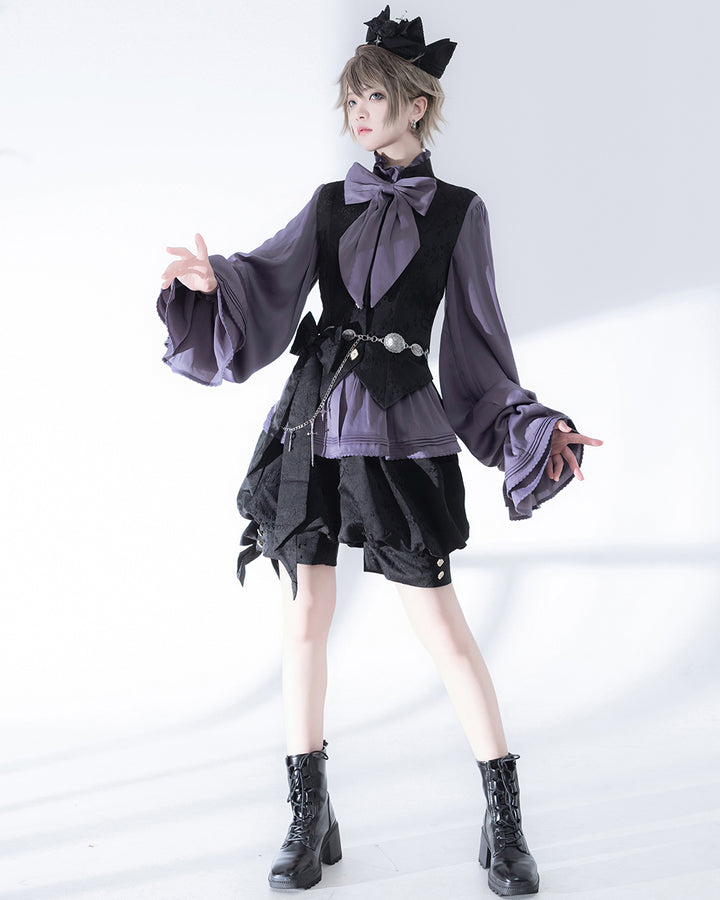 Elegant Purple Blouse with Large Bow and Ruffle Sleeves