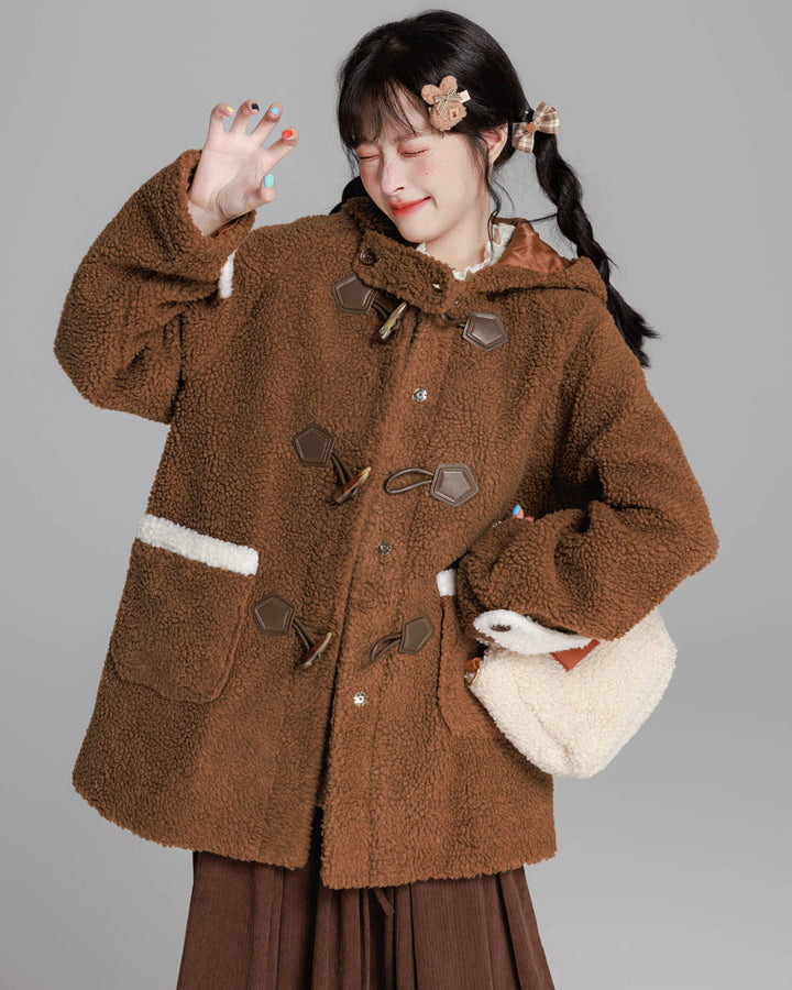 Cozy Brown/Cream White Toggle Shearling Coat