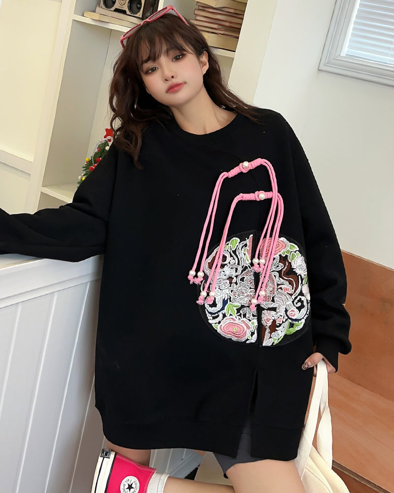 Chinese Style Embroidered Medium-length Loose Plus Size Casual Sweatshirt