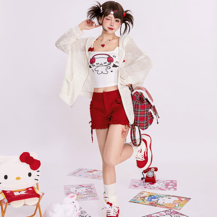 Cat Ear Bow Embroidered Hollow Knit Loose Cardigan