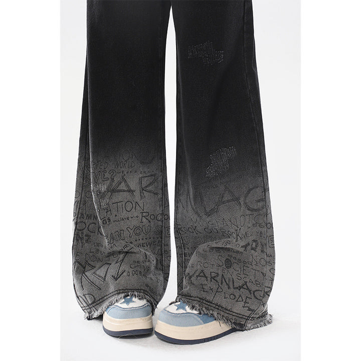 Black gradient graffiti letter autumn-winter high-waisted wide-leg jeans
