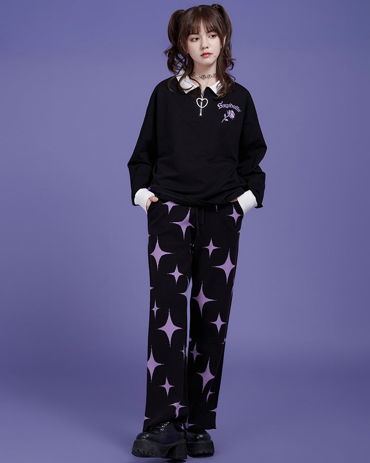 Black Purple Star Knitted Pants Thickened Warm Long Casual Pants