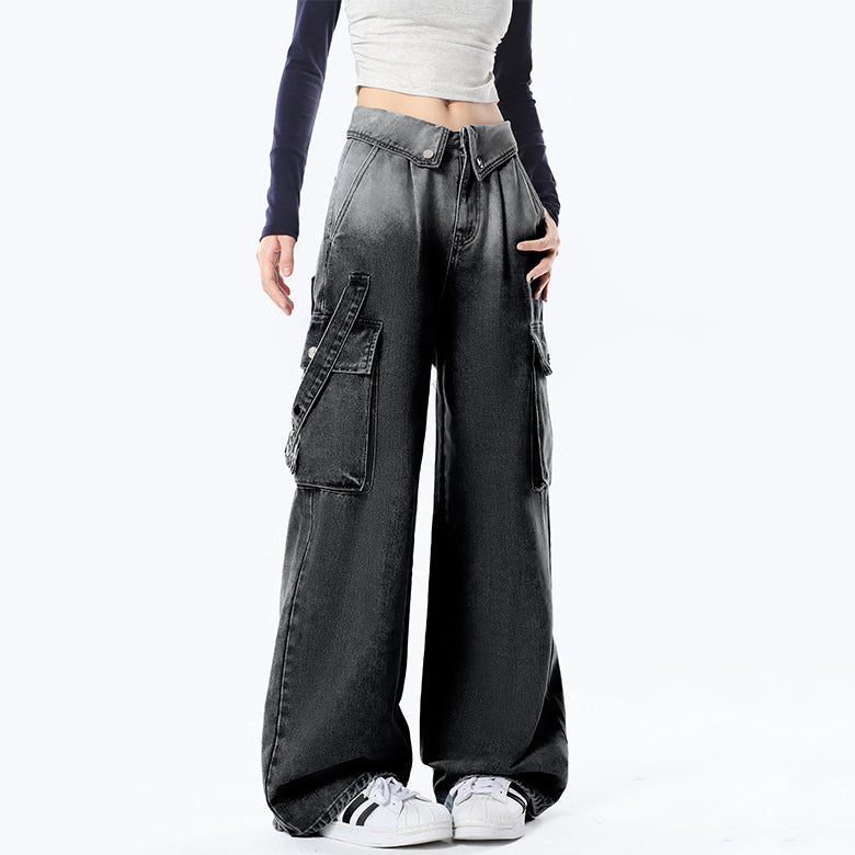 American-style cuffed high-waisted loose straight-leg wide-leg casual jeans