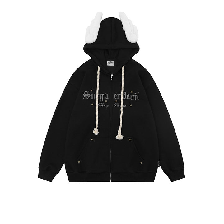 Japanese sweet style angel wing embellished hooded sweatshirt