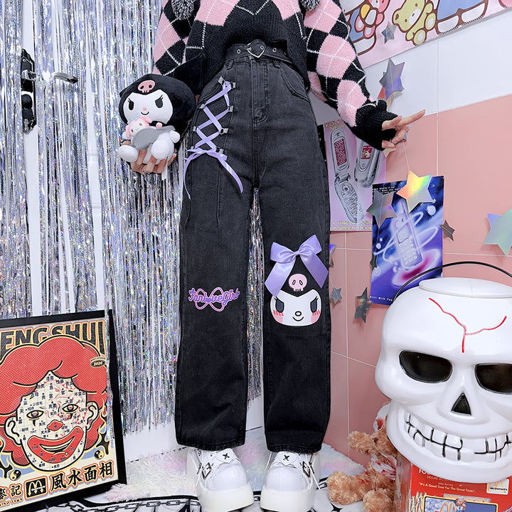 Japanese-style Harajuku Cartoon Bow Capri Jeans
