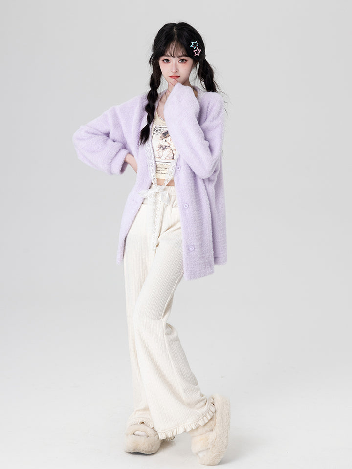 Yellow / Purple Fluffy Mink Wool Cardigan Sweater