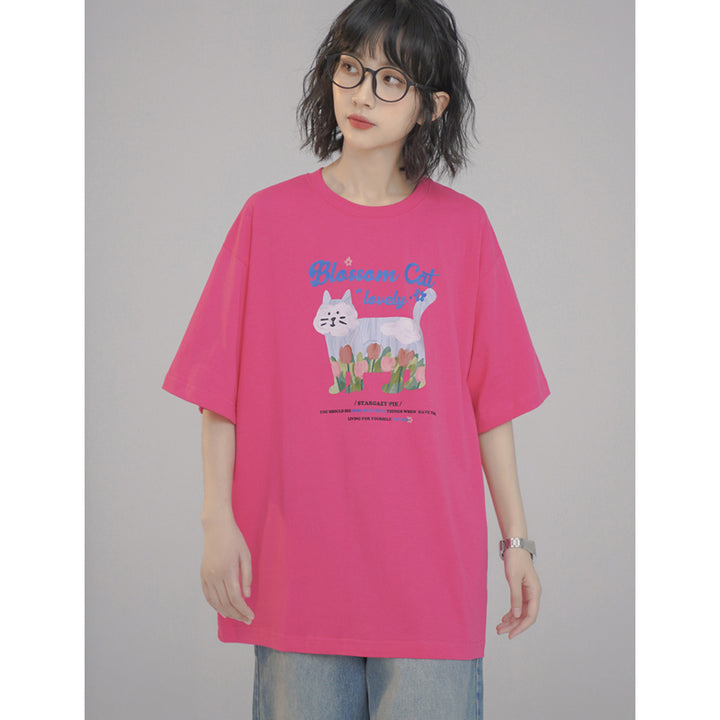 Summer Cute Cartoon Tulip Cat Round Neck Short Sleeve T-shirt