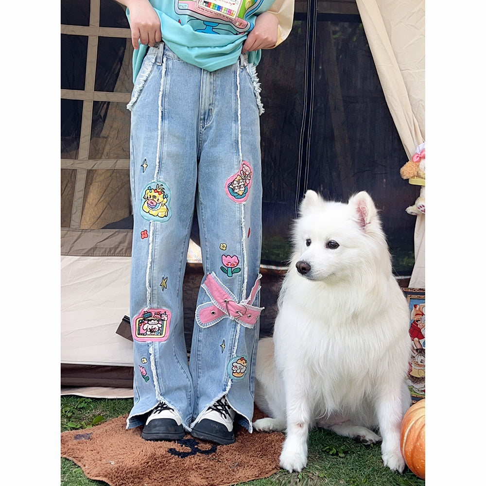 Cartoon Embroidery Flared High-waisted Jeans