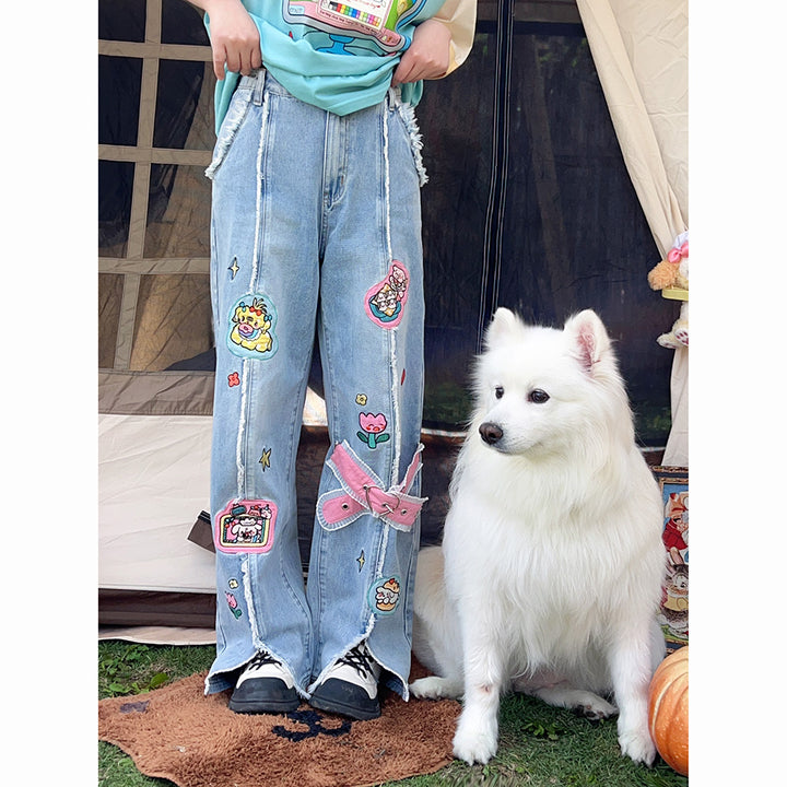 Cartoon Embroidery Flared High-waisted Jeans