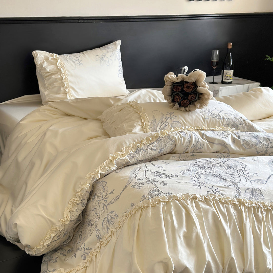 Floral Embroidery Ruffled Lace Cotton Bedding Set