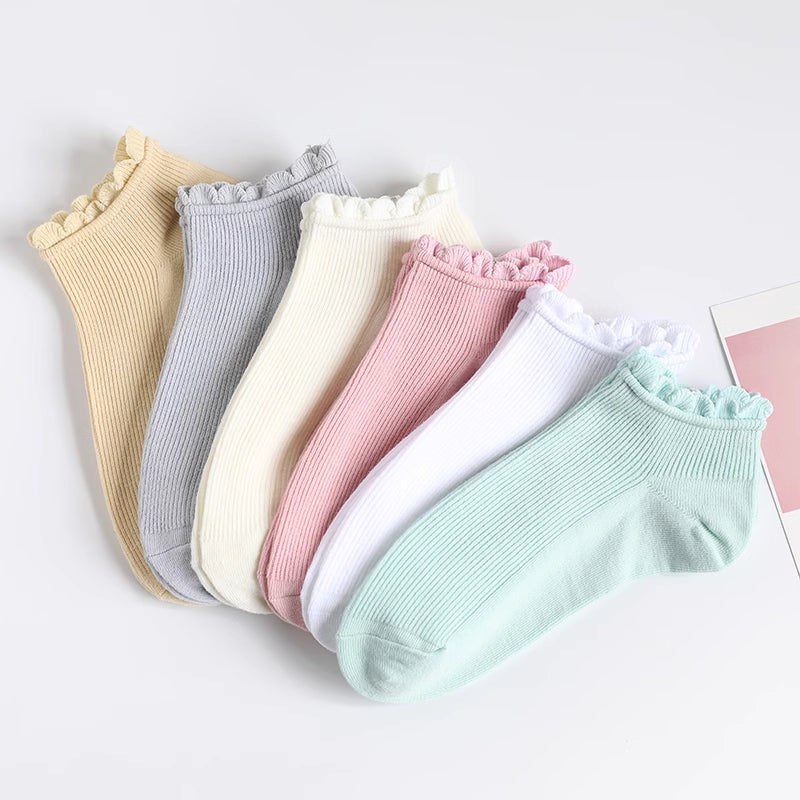 Lace Trim Spring/Summer Cotton Socks 6 Pairs/set