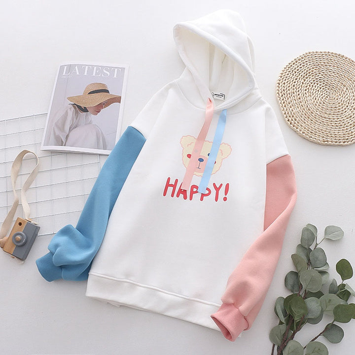 Happy Letter Bear Print Plush Hoodie