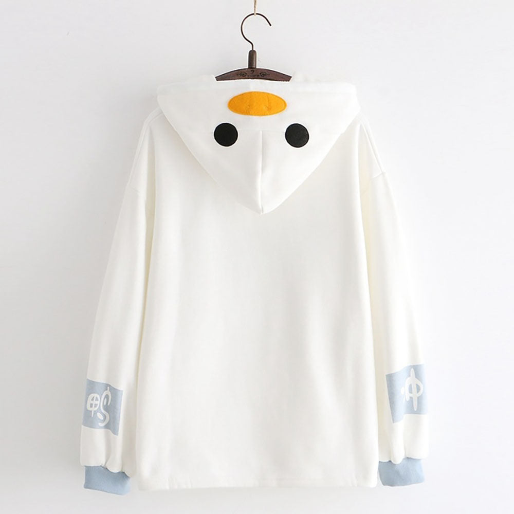 Cartoon Duck Chinese Letter Print White Hoodie