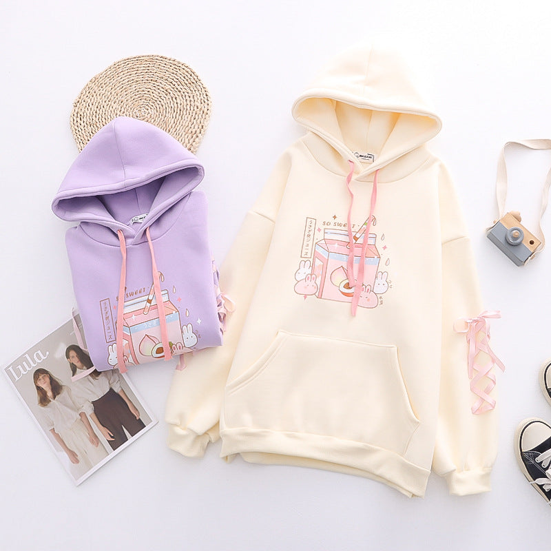 Cartoon Bunny Milk Box Print Plush Hoodie
