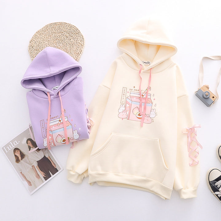 Cartoon Bunny Milk Box Print Plush Hoodie
