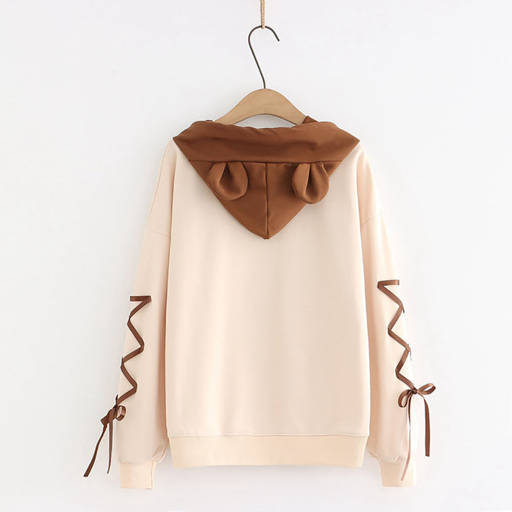 Japanese Letter Bear  Print Ribbon Sleeves Hoodie