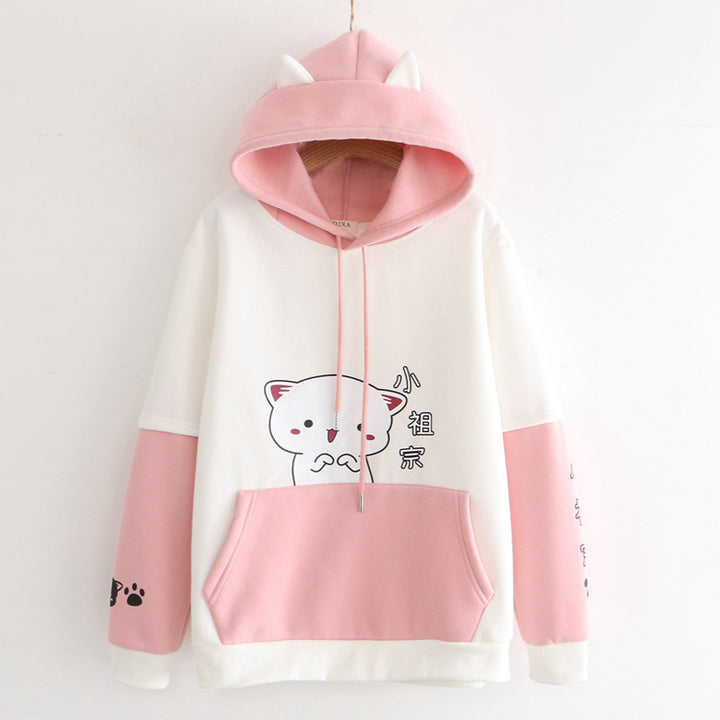 Cartoon Kitty Chinese Print Plush Hoodie with Pocket