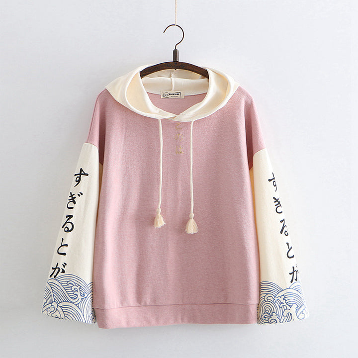 Japanese Style Wave Print Hoodie
