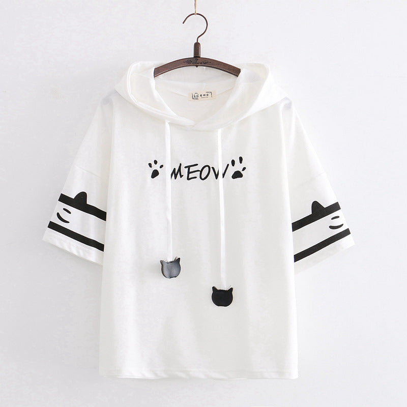 Cat “Meow” Paw Printed Ears Hooded T-shirt