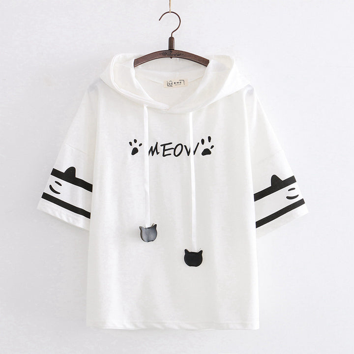 Cat “Meow” Paw Printed Ears Hooded T-shirt