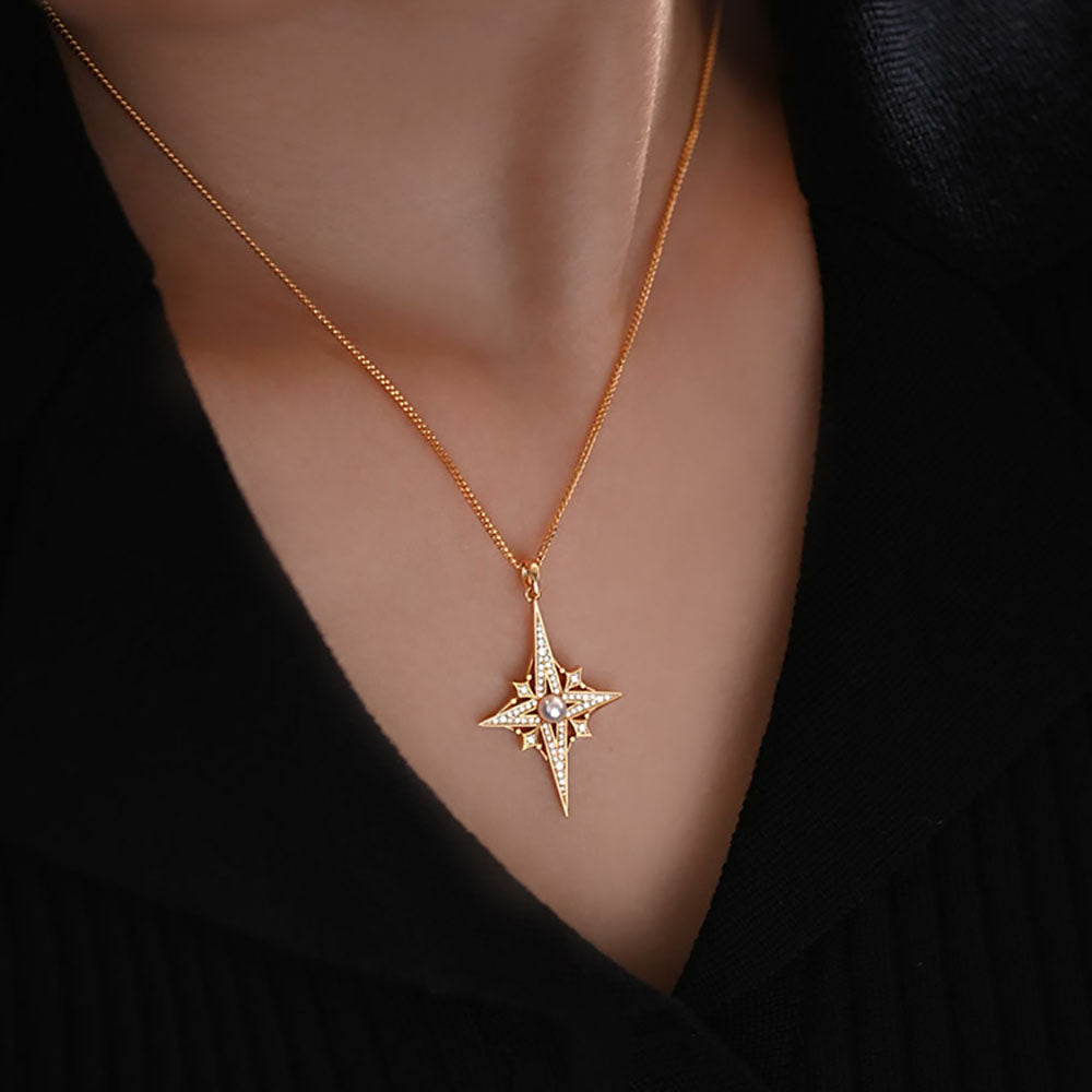 French Vintage Exquisite Star-shaped Silver Pearl Pendant Necklace