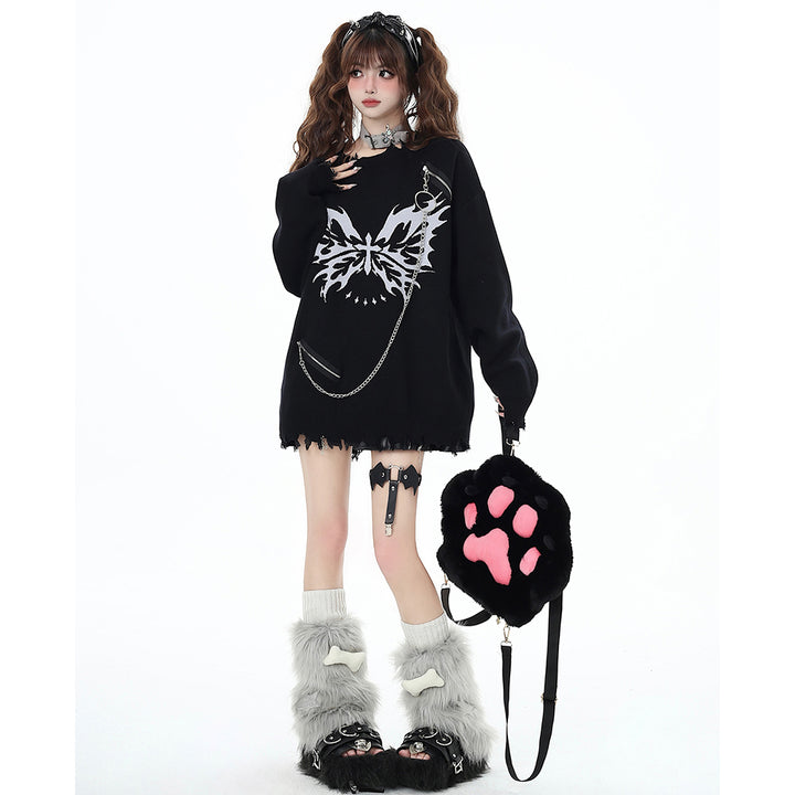 Butterfly Pattern Chain-Decorated Round Neck Knit Sweater