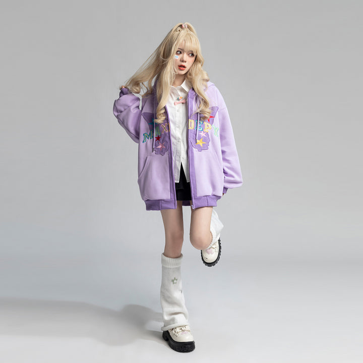 Letter Star Butterfly Embroidery Hooded Jacket
