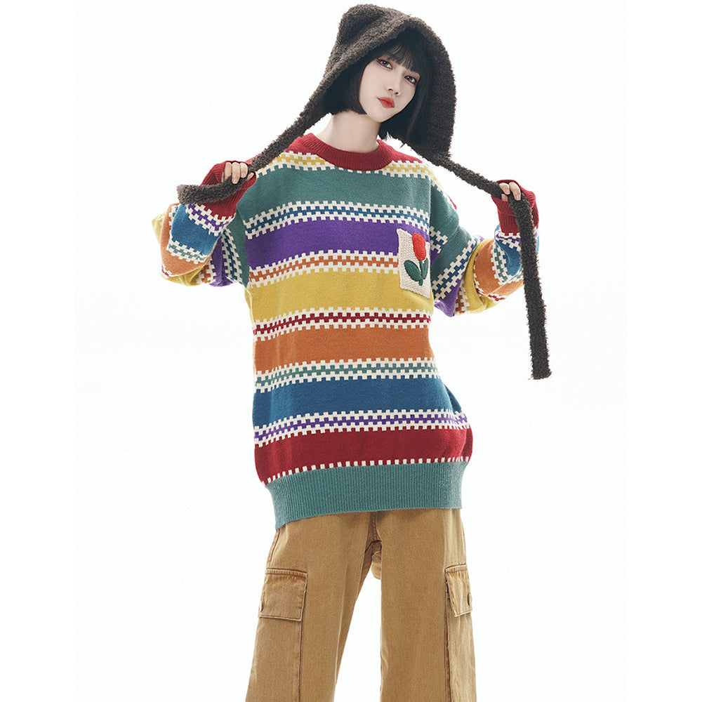 Striped Tulip Round Neck Loose Sweater Knitwear