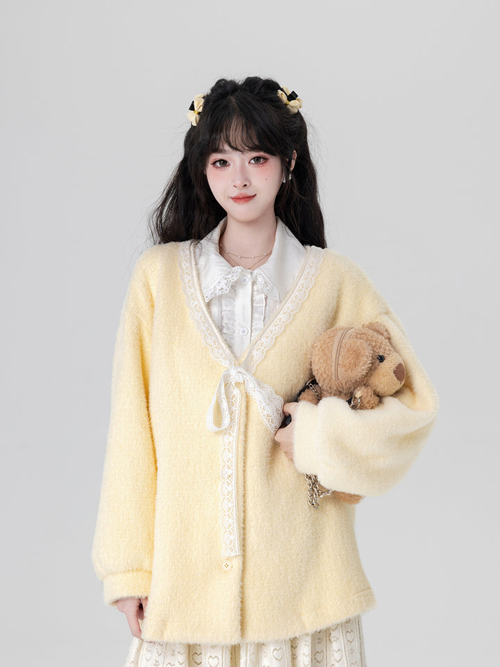 Yellow / Purple Fluffy Mink Wool Cardigan Sweater