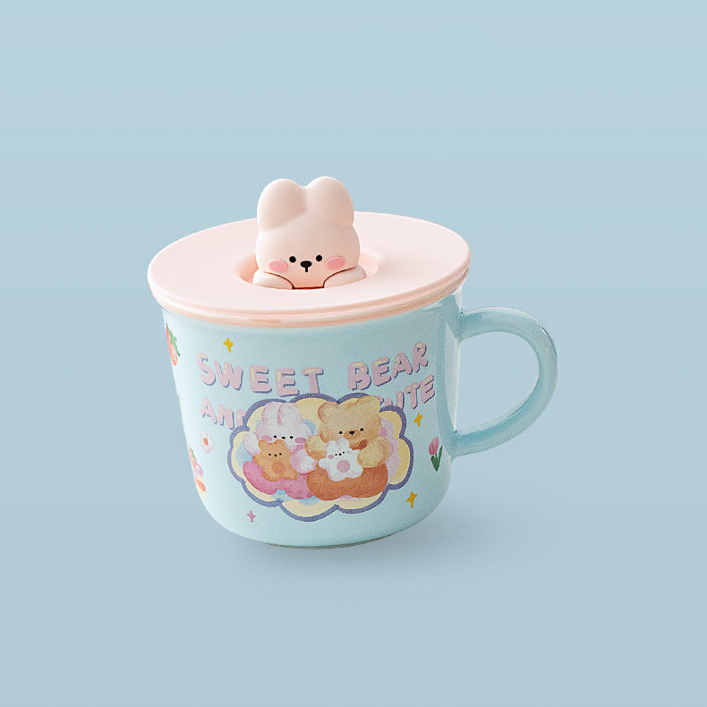 Cartoon Bear Bunny Ceramics Mug With Lid