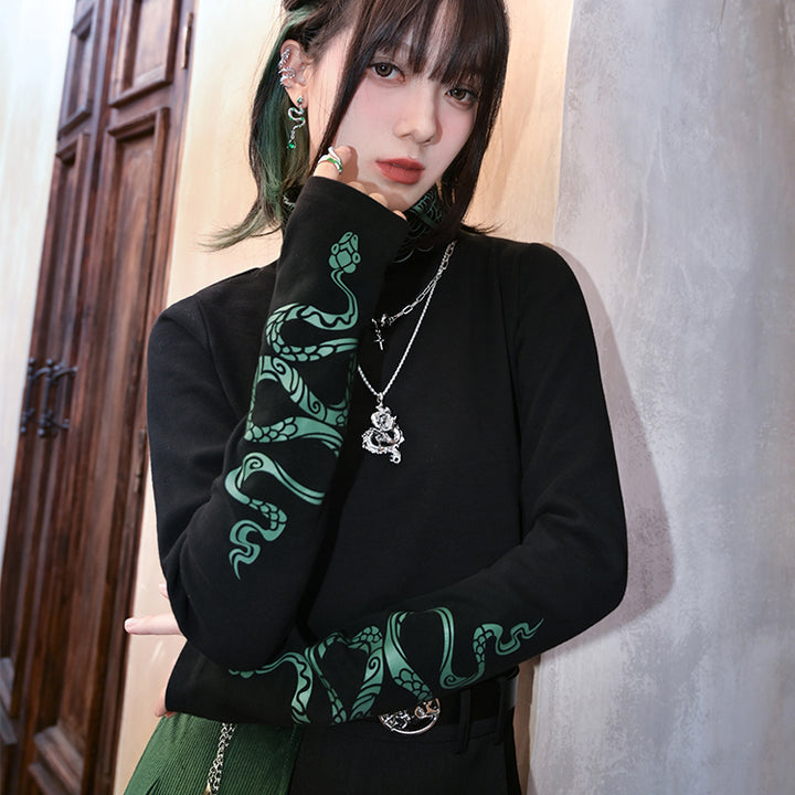 Chinese-style Printed High-neck Cotton Top