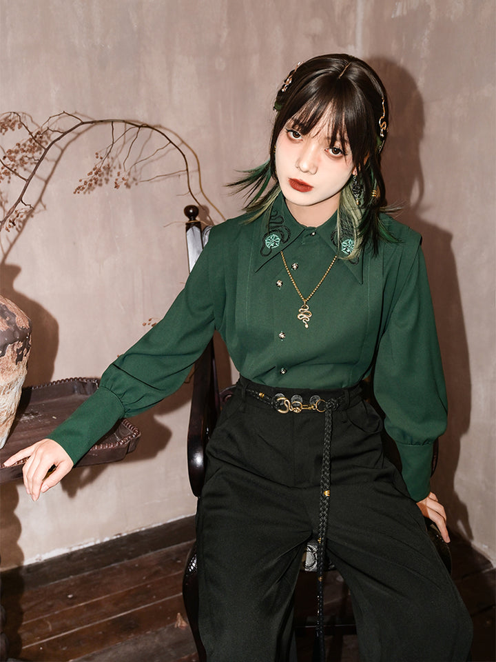 Dark green Chinese-inspired embroidered shirt with asymmetrical pointed collar