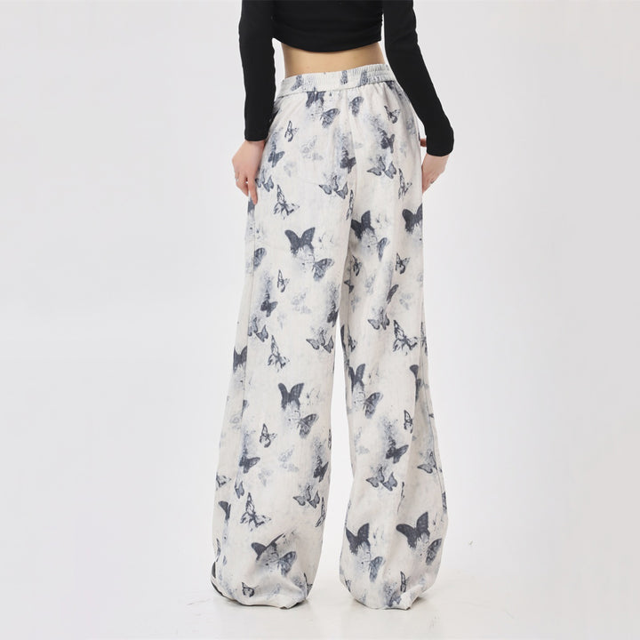 Butterfly Print Casual High-Waisted Loose-Fit Long Pants