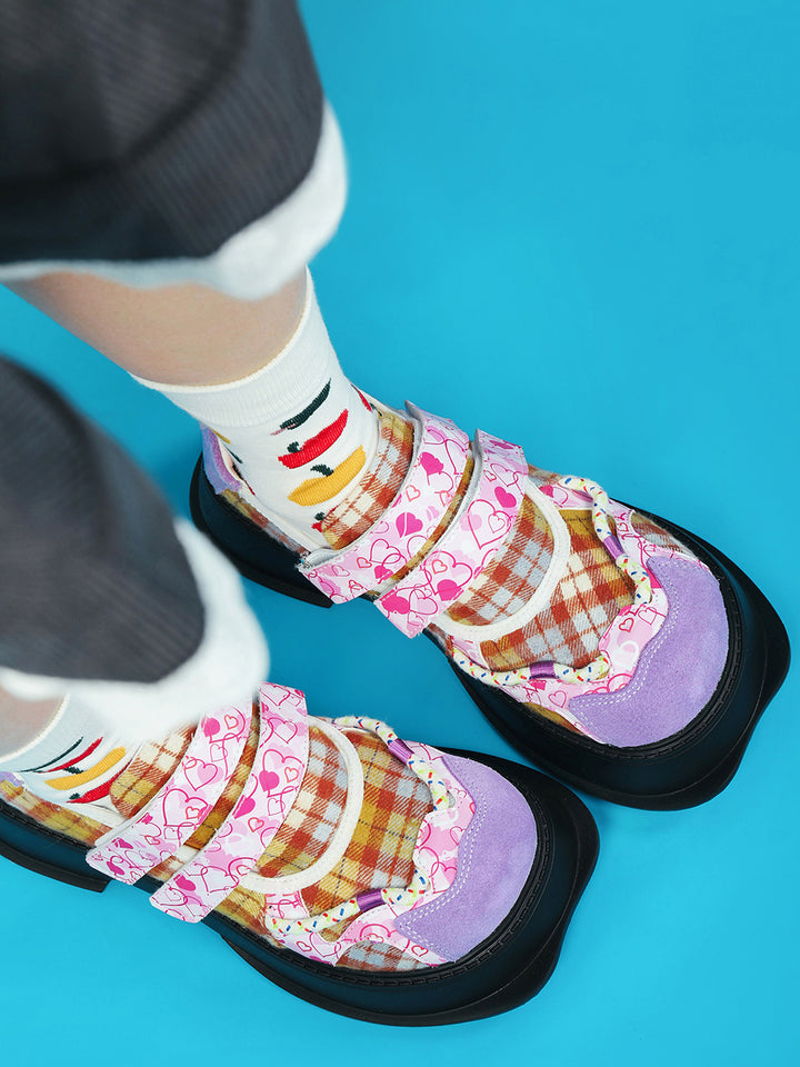 Vintage Heart Checkered Pattern Flats