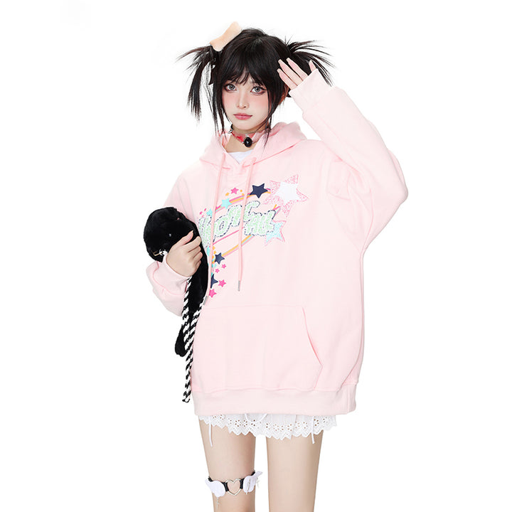 Star-printed hooded loose sweatshirt for spring autumn