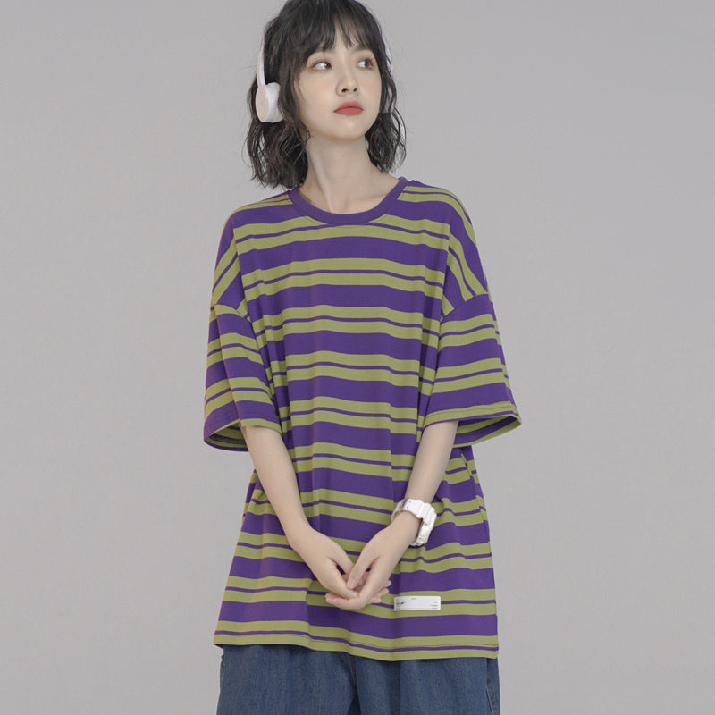 Japanese-style Summer Casual Purple Striped Short-sleeved T-shirt