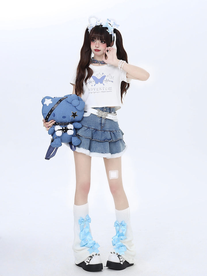 White Blue Butterfly Letters Printed Summer T-shirt