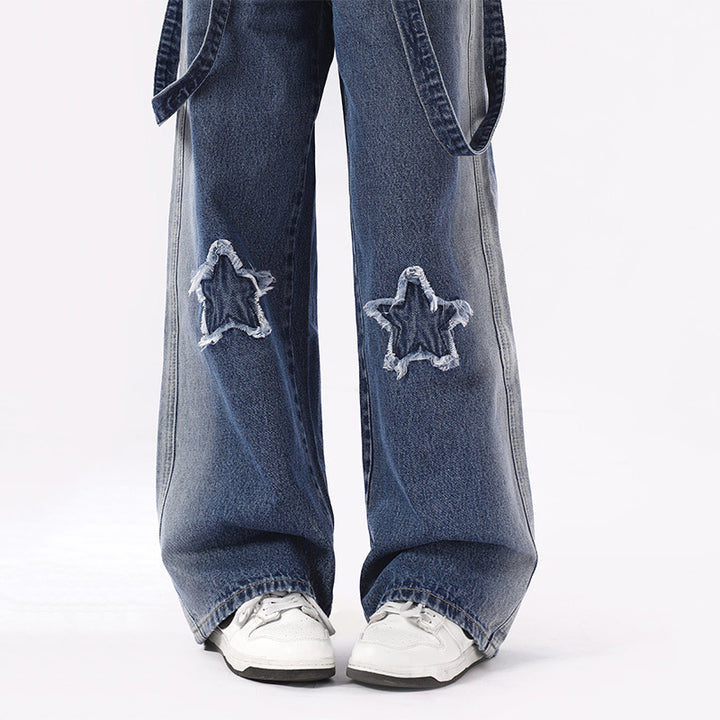 Fashion blue pockets patch denim straight Jean