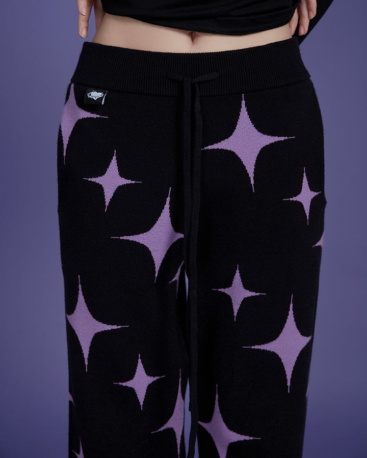 Black Purple Star Knitted Pants Thickened Warm Long Casual Pants