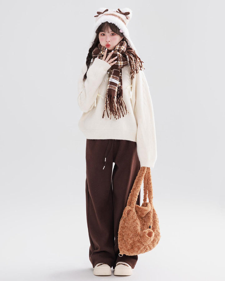 Bow Lazy Knit Sweater Winter Cozy Light Yellow/White/Blue