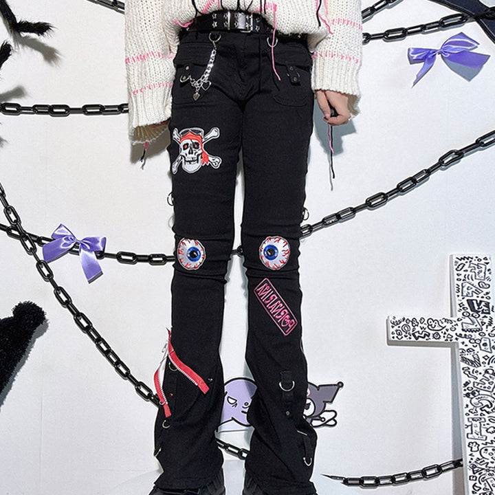 Skull Embroidery Zipper Punk Black High-waisted Jeans