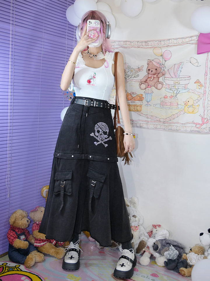 Punk dual-wear detachable long skirt transforming into short denim skirt