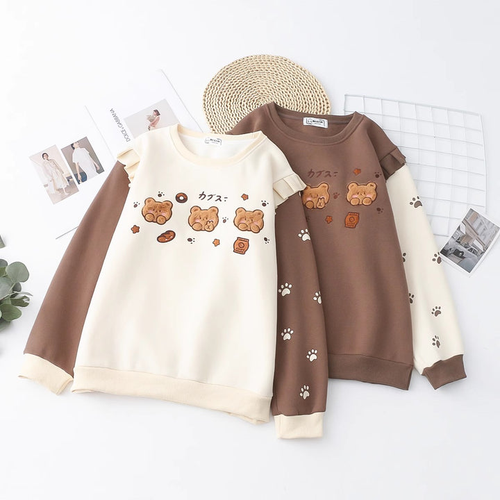Cartoon Bear Round Neck Thick Hoodie