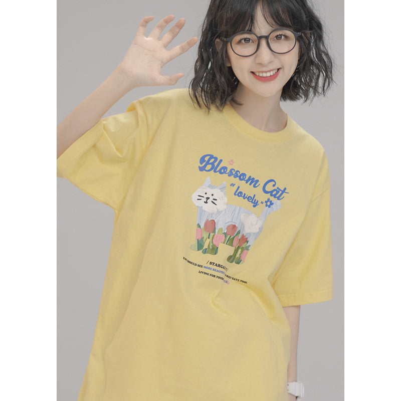 Summer Cute Cartoon Tulip Cat Round Neck Short Sleeve T-shirt