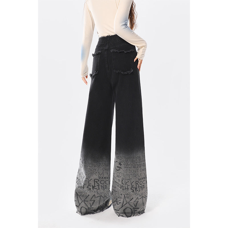 Black gradient graffiti letter autumn-winter high-waisted wide-leg jeans