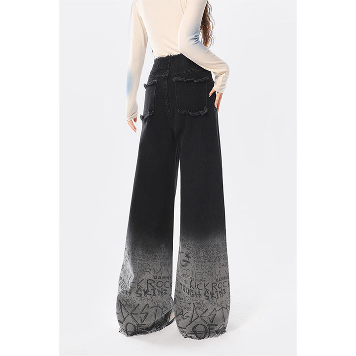Black gradient graffiti letter autumn-winter high-waisted wide-leg jeans