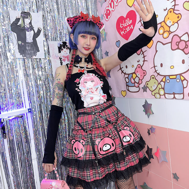 Japanese Harajuku cartoon-printed double-layered skirt